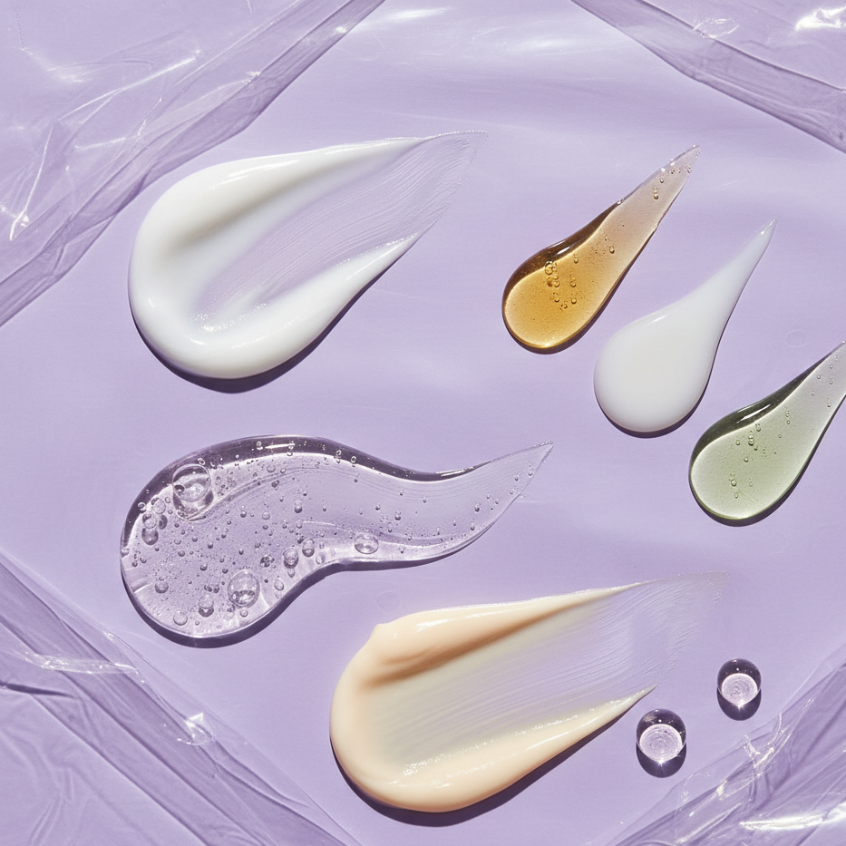 Various skincare product swatches on a purple background