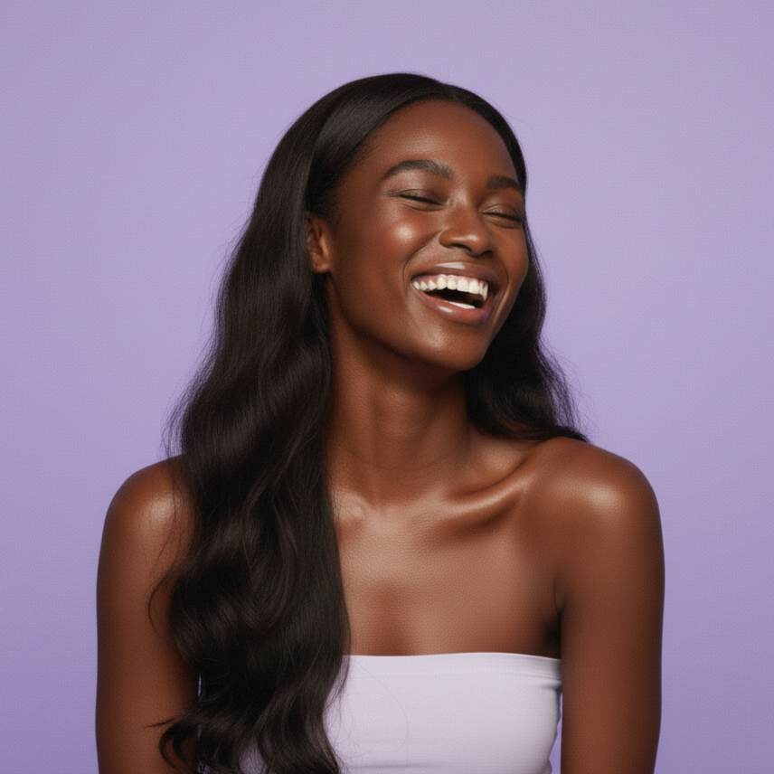 Woman with long, wavy hair wearing a white strapless top against a purple background