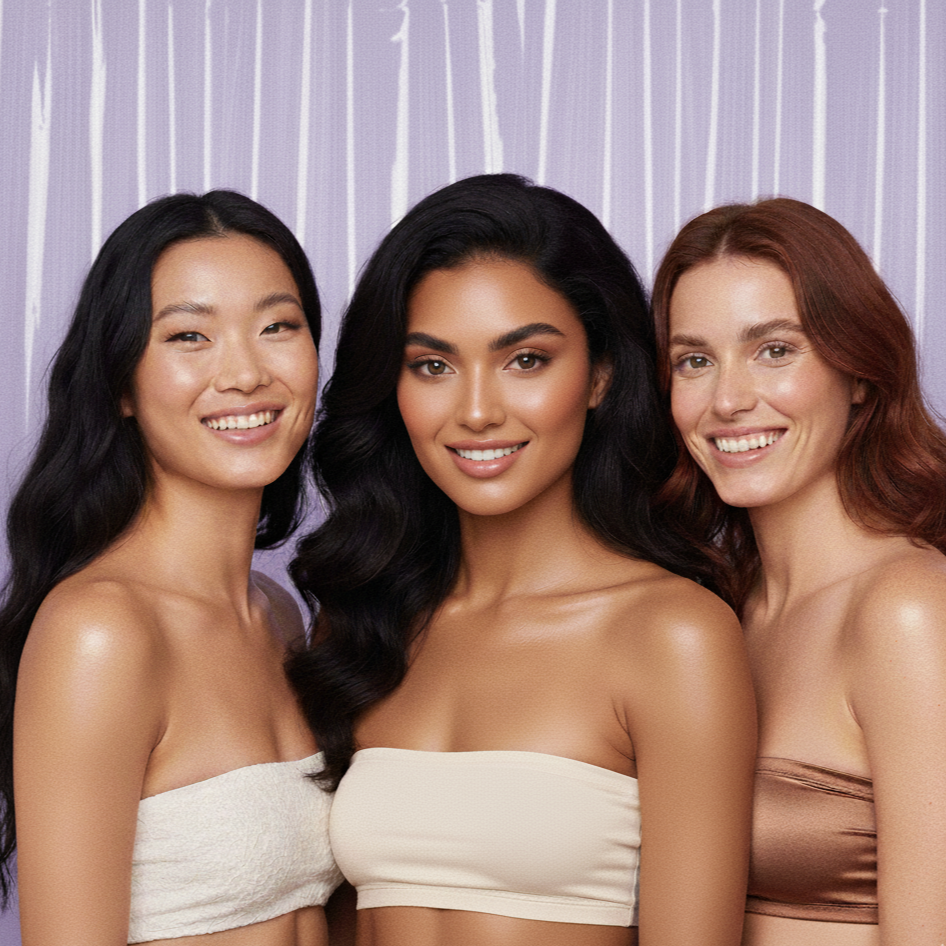 Three women wearing strapless tops against a light purple background